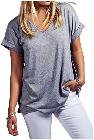 Kumer Women's Summer Casual V Neck Roll Over Short Sleeve Loose Solid Comfy Lightweight Tunic Tops Blouse Tee Shirt,Gray,Small