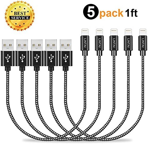 Iphone Charging Cable Braided Lightning Cable 5Pack 1FT iphone Charging for iPhoneX/8/7/7 Plus/6/6s Plus/5s/5c/5, iPad Pro/ Air 2/ mini 4/3/2, iPod touch/ nano (Black)