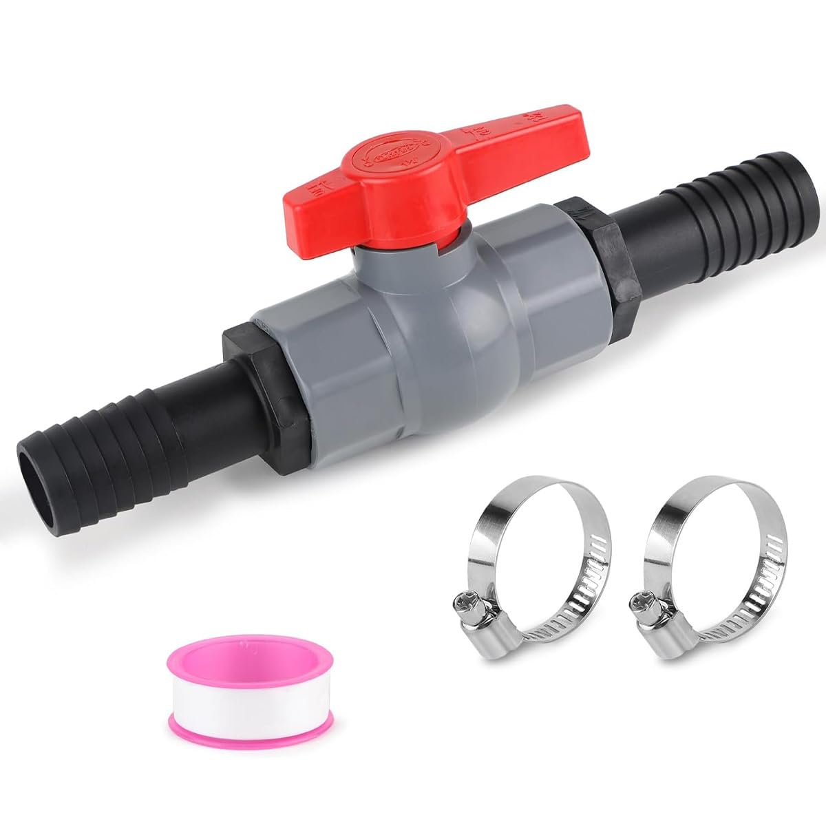 Sarini Bucket Ball Valve, Ball Valve with Hose Connector PVC Shut-off Valve Pool Ball for Hoses Includes 1 Shut-off Valve Internal Thread 1 1/4 Inch (40 mm), 2 Hose Nozzles 32mm