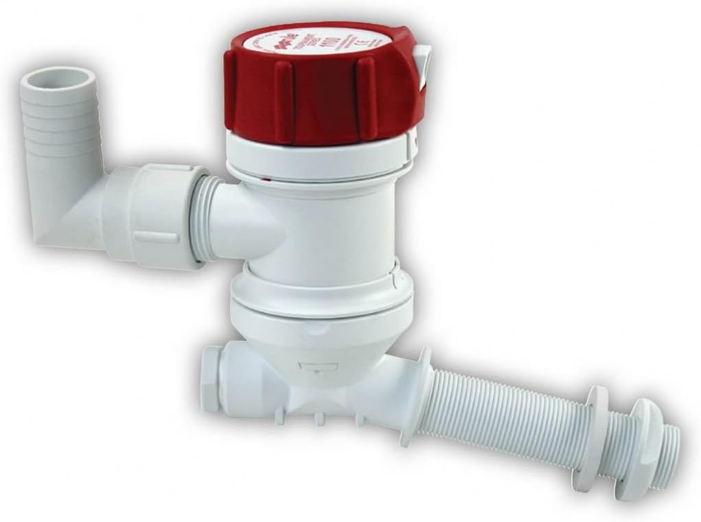 Rule 405C Marine Tournament Livewell Pump (Angled Thru Hull Fitting, 12-Volt),White/Red