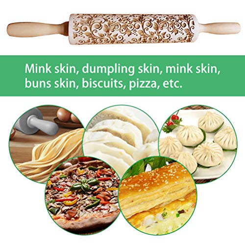 Uspacific Embossing Rolling Pin, Flower Pattern Wooden Laser Engraved Embossed Printing Rolling Pin DIY Tool for Homemade or Christmas Cookies