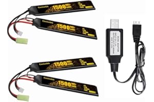 Cecicebb 7.4V 1500mAh Lipo Battery with Mini Tamiya Plug Rechargeable 30C Fit for Airsoft Model Guns 2S Airsoft Battery with 7.4V Charger Cable