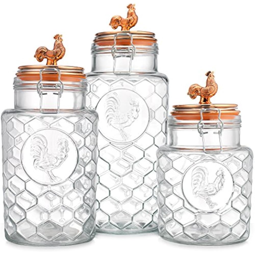 Country Kitchen Rooster Canisters Set Of Three (3) Round Clear Glass