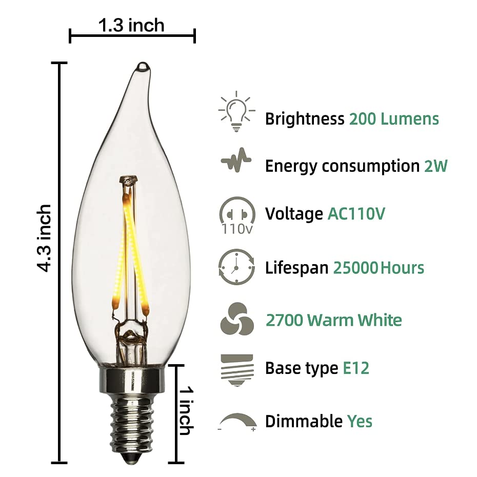 Modvera Lighting 25W Equal LED Candelabra Bulb Bent Tip 2 Watts Warm White 2700K E12 Base