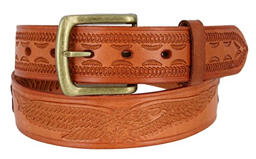 Mens Oil Tanned Western Style Genuine Leather Tooled and Laced Belt (42, Tan)