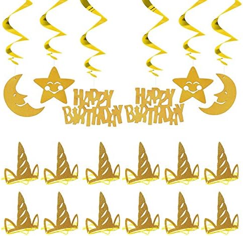 Unicorn Theme Birthday Party Decors and Supplies -12 Pack Gold Glitter Unicorn Horn Party Hats and 6 Gold Hanging Swirls