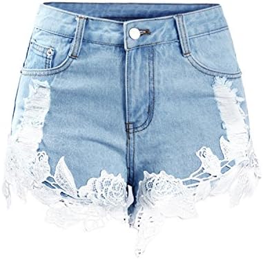 Lacencn Sexy Women`s Summer High Waist Lace Floral Ripped Short for Woman Denim Light Blue 32