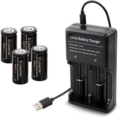 16340 batteries ,Rechargeable CR123A Battery and a Dual Channel Charger,4 Pack 3.7V 650mAh Protected Li-ion RCR123A Batteries for High Drain Device