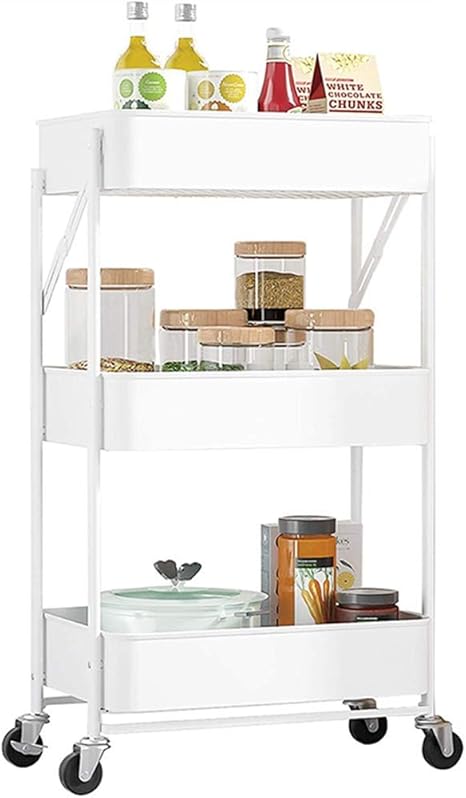 Amazon Homeme キッチンワゴン 折りたたみ式 3段 組立不要 耐荷重75kg 収納カート キャスター付き 収納ワゴン 大容量 ブレーキ付き 防錆 ホワイト キッチンワゴン 収納カート オンライン通販