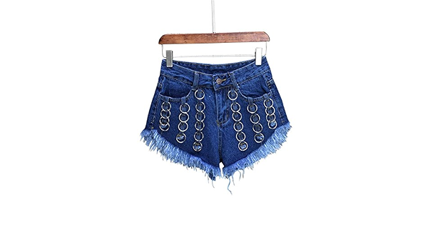 Amazon.com: Pantalones cortos de mezclilla de cintura alta con diseño de  aros de metal de moda, B : Ropa, Zapatos y Joyería