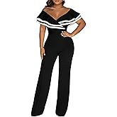 CHICME Women's Sexy Off Shoulder Jumpsuits V Neck Ruffle Wide Leg Cocktail Evening One Piece Jumpsuits
