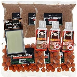 Dna Nouveau Carpe Articles De Pêche En Gros Complet Appât Ensemble Avec 3x 200g Bouillettes 3x 500gr Amorce De Fond + 3x 50ml Liquide Boosters Et 70×100 Pva Sacs