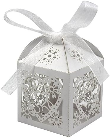 KEIVA 75 Pack Love Heart Laser Cut Wedding Party Favor Box Candy Bag Chocolate Gift Boxes Bridal Birthday Shower Bomboniere with Ribbons (White, 75)