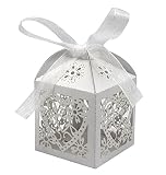KPOSIYA 100 Pack Love Heart Laser Cut Wedding Party Favor Box Candy Bag Chocolate Gift Boxes Bridal Birthday Shower Bomboniere with Ribbons (White, 100)