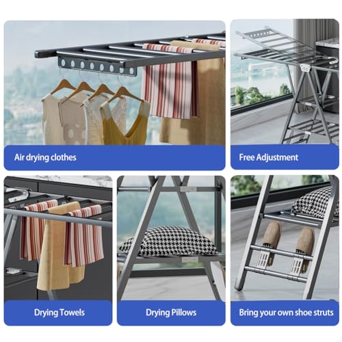 MOZOGOT Folding Clothes Drying Rack with 4 Shoe Holder, 3-Layer Foldable Laundry Clothes Dryer Rack Free-Standing Dryer Rack with Wheels Height Adjustable for Indoor & Outdoor Use, Windproof (180CM)
