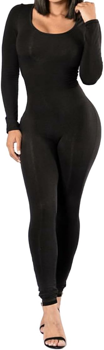 Selowin Women's Scoop Neck Long Sleeve Casual One Piece Bodycon Romper Jumpsuits