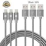 SGIN Micro USB Cable,3-Pack 10ft Nylon Braided Charging Cord - Extra Long USB 2.0 Sync and Charge for Android Devices, Samsung Galaxy, Sony, Motorola Nokia,and More(Grey)
