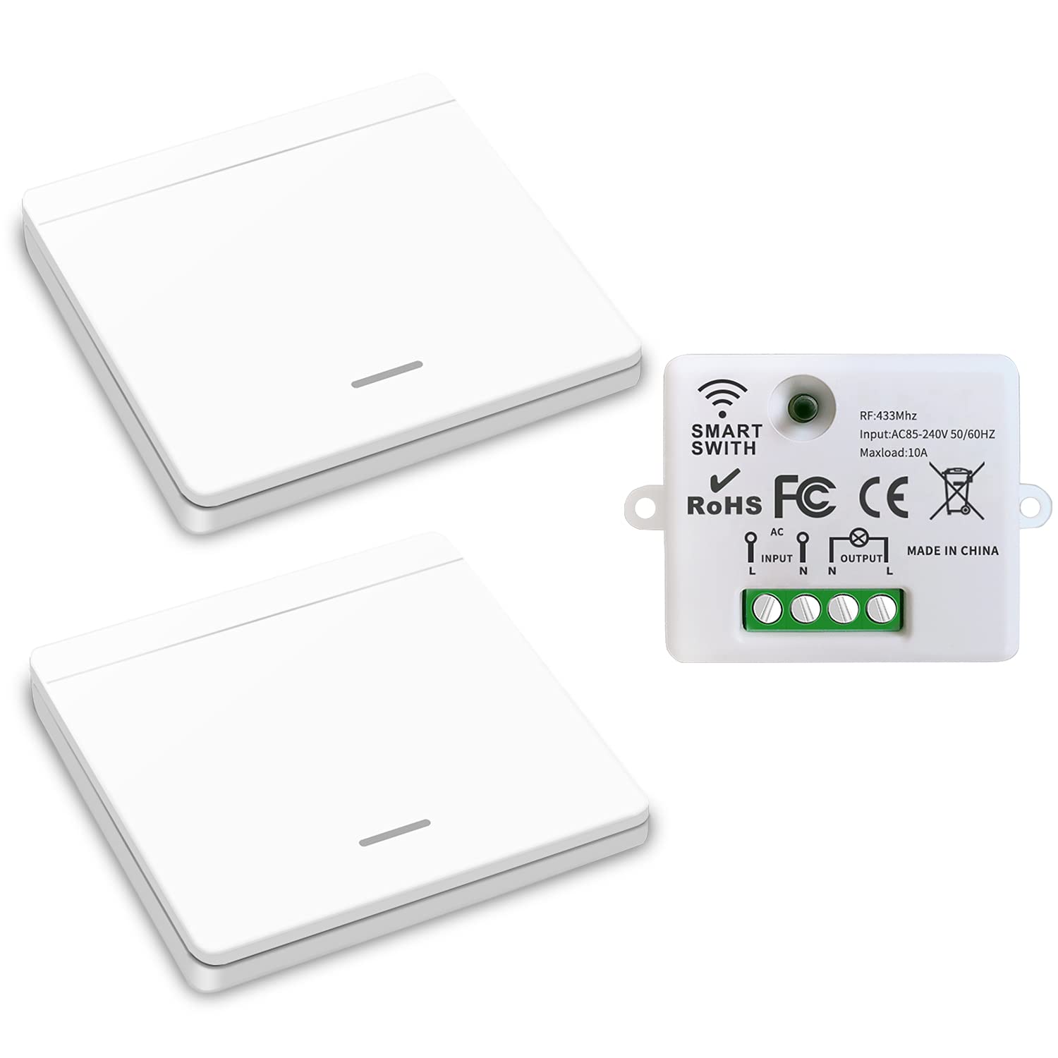 DieseRC Wireless Light Switch 86 Wall Panel RF Safety Switch and 10 Amp Relay Receiver Controller, No Wiring Easy Install, for Lights up to 1500W