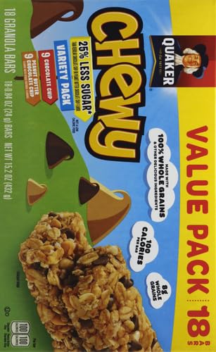 QUAKER CHEWY GRANOLA BARS, 25% LESS SUGAR, 2 FLAVOR VARIETY PACK, (18 PACK)