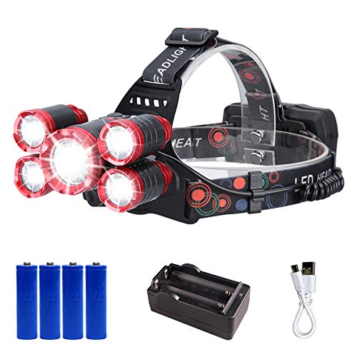 Zingiber 5 LED Rechargeable Headlamp, 18000 Lumen Headlight, 100