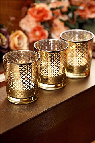 Candle Holder for Home Decor Wedding Party Celebration Laser Cut Mercury Glass 2.55-inch Tall Set of 6 (Gold Star)