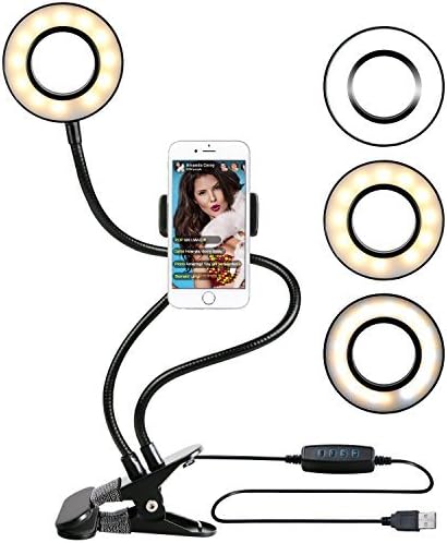 Ring Light with Cell Phone Holder for Live Stream, Dimmable [3-Light Mode][9-Level Brightness] Clamp on Gooseneck Mount with Selfie Ring Light for Youtube, Facebook, iphone 7,6/plus,Samsung,HTC,HUAWEI
