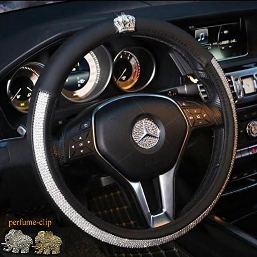 ALVAZA Crystal Car Steering Wheel Cover Bling Bling Rhinestones Car Diamond with Genuine Leather and Crown Decro Not Slip Breathable Steering Covers 1 Piece Perfume Clip