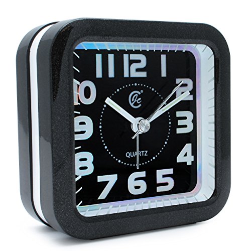 JCC Music Alarm sound silent LED night light Quartz Analog non ticking sweep second hand bedside alarm clock (Black)