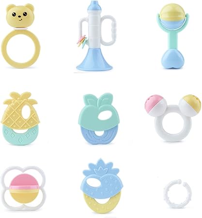 Amazon Smile哺乳びん新生児 鈴を振る玩具 赤ちゃんのおもちゃ 0 12ヶ月 ベビー歯ぎしり棒 歯固め なめかみ ベビー 赤ちゃんのおもちゃ 出産お祝い 9点セット がらがら ラトル おもちゃ