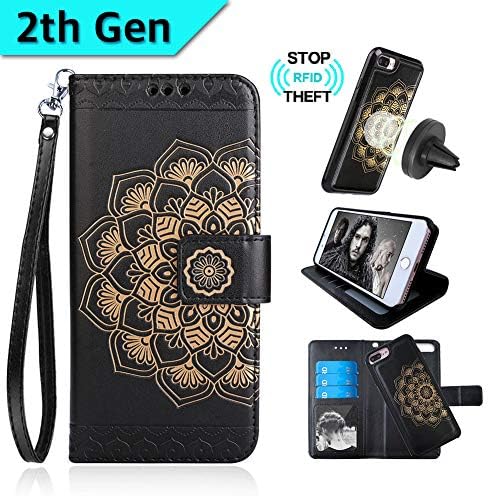 CASEOWL Mandala Embossed Upgrade Version Wallet Case for iPhone 8-Plus&7-Plus,Magnetic Detachable TPU Case,RFID Protection,2-Way Stands,Fit Car Mount,Card Slots Holder,Wrist Strap[Black][2th Gen]