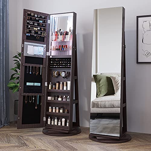 Kasibie Full Length Mirror Jewelry Armoire with LED Lights, Standing Mirror with Jewelry Storage