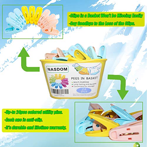 24 Pack Clothespins in Basket Mini Colored Utility Clips Holders Laundry Windproof Plastic Pegs for Outdoor Clothesline, Kitchen Bag Sealing - Thumbnail 5