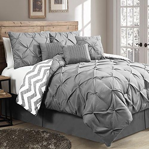 Comforter Set, Reversible 7 Piece Bedding Set, Queen or King Size, Include Comforter, 2 Shams, 3 Decorative Pillows and 1 Bed Skirt (Queen, Gray)