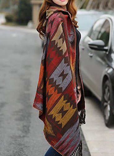 Futurino Women's Winter Boho Jacquard Plaid Hooded Poncho Cape Coverup OneSize Bronze