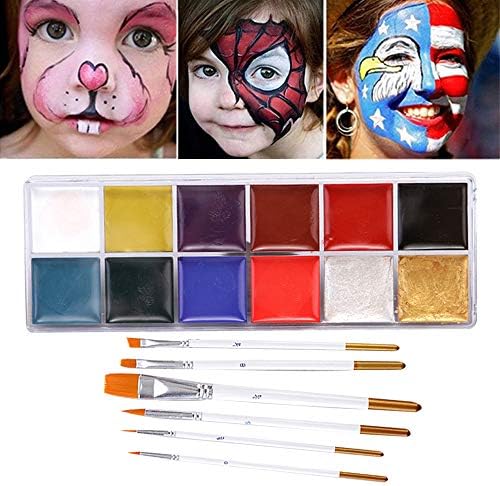 Face Paint Kit, AIDUE Professional 12 Colors Facial Painting Set Non-Toxic Safe Face Painting with 6 Brushes for Kids Adults, Washable Face Body Painting for Halloween Party Holiday Makeup