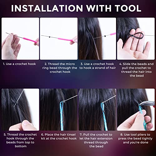 SYGY 10PCS Hair Tinsel Kit, 5 Colors 2000 Strands Tinsel Hair Extensions Kit with Tools, 47 Inches Fairy Hair Tinsel for Women Girls Hair Accessories, Glitter Hair Tinsel Heat Resistant for Halloween Cosplay Christmas New Year Party