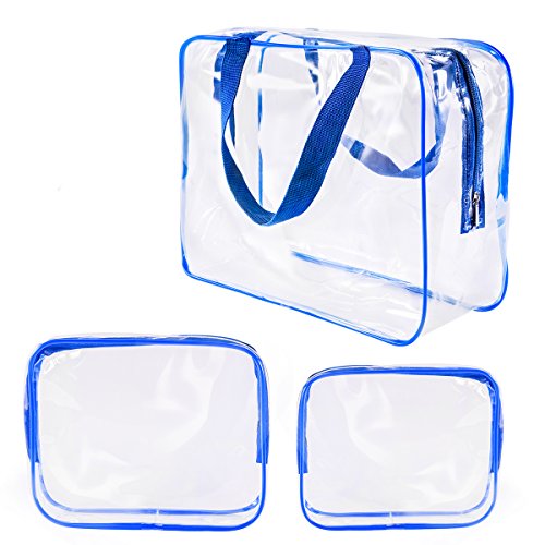 3Pcs Clear PVC Travel Toiletry Bag Set, Zipper Cosmetic Make Up Case, Waterproof Diaper Bag for Baby Extra Wet and Dry Cloth, Transparent Pouch, Craft Supplies, Beach Pool Bag Packing Organizer Blue