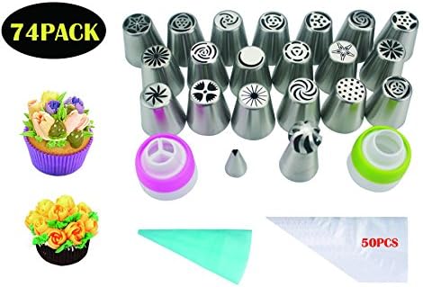 Russian Piping Tips 74 Pcs Cake Decorating Supplies Kit 19 Icing Nozzles 1 Leaf Tip 1 Sphere Ball Tip 1 Single Coupler 1 Tricolor Coupler 50 Disposable Pastry Bags 1 Reusable Silicone Pastry Bag