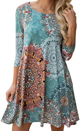 Womens Casual Loose T-Shirt Dress, Long Sleeve Vintage Boho Maxi Evening Party Beach Floral Dress Knee-Length Skirt (L)