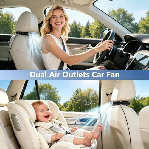 ElfTrip Car Seat Fan with Dual Air Outlets, Corded USB Car Fans for Kids for Driver Passenger, Stronger 3 Speeds, Forward or Backward Airflow, Fits in Most Car SUV (1 Pack No Recharge Plug-in to Work)