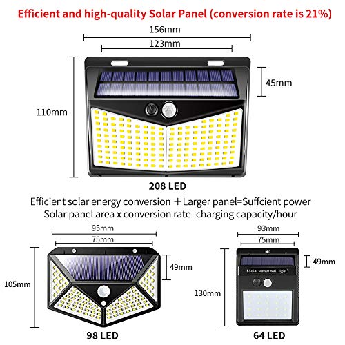 208 Led Outdoor Solar Lights, Flood Lights Outdoor Solar Security Light with Motion Sensor, 3 Optional Modes Waterproof Motion Sensor Solar Motion Lights, Solar Battery Powered Flood Light for Outdoor