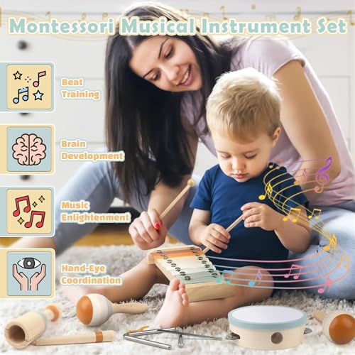 AM ANNA Toddler Musical Instruments, Montessori Toys for 1 year old, Musical toys for Toddlers 1-3 with Modern Boho Xylophone for Kids ,Natural Wooden Percussion Instruments Toy for Boys and Girls