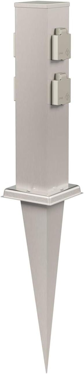ledscom.de Garten-Steckdosen-Säule Polly mit Erdspieß für außen, 4-Fach, Edelstahl, eckig, 38cm