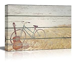 Canvas Wall Art - Bike and Guitar on Vintage Wood Textured Background - Rustic Country Style Modern Giclee Print Gallery Wrap Home Art Ready to Hang - 12" x 18"