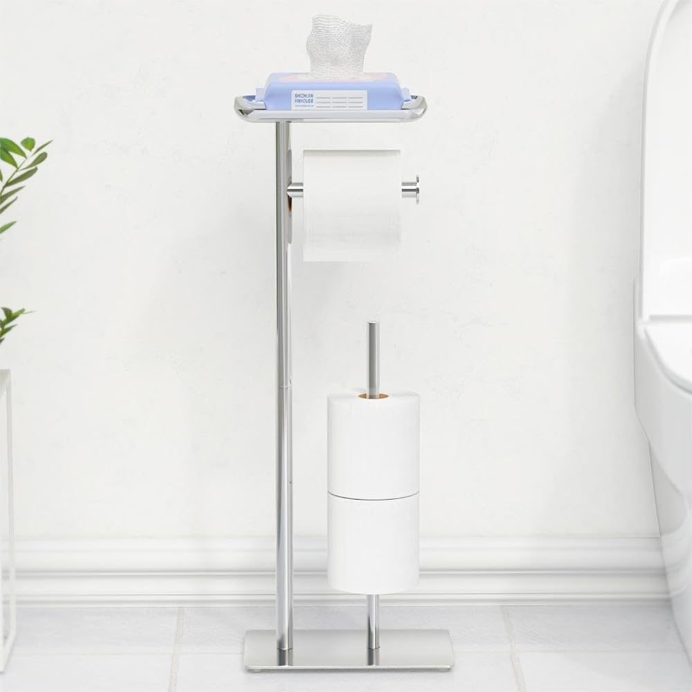 Songsoso Free Standing Toilet Roll Holder with Top Shelf Holds 4 Rolls