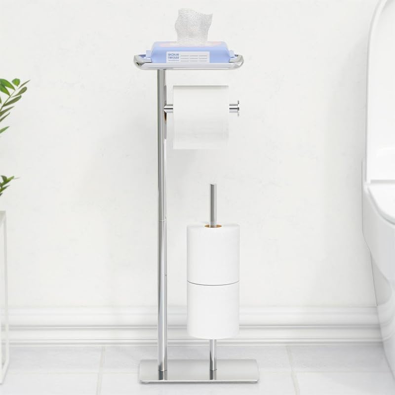 Songsoso Free Standing Toilet Roll Holder with Top Shelf Holds 4 Rolls