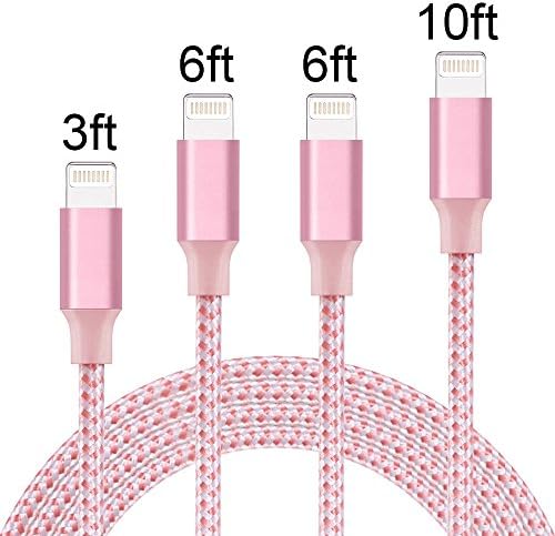 Akaho iPhone Cable,Lightning Cable 4Pack 3FT 6FT 6FT 10 FT Extra Long Nylon Braided Cord to USB Charging Charger for iPhone 7/7 Plus/6S/6S Plus,SE/5S/5,iPad,iPod Nano 7 (PinkWhite)