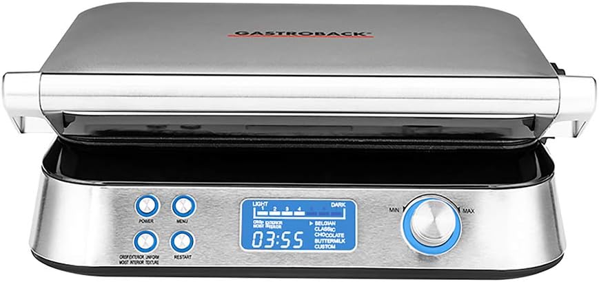 GASTROBACK 42424 Waffeleisen Advanced Control, 5 Verschiedene Programme, 7 Bräunungsstufen, Steuerung über LCD–Display, 1.600 Watt, Edelstahl, silber