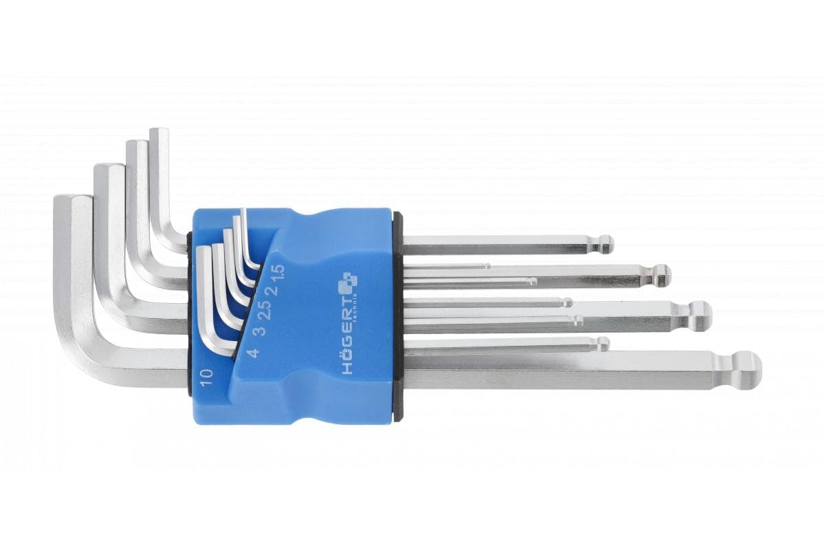 Högert Technik - Hex Key with Ball I Set of 9 I Sizes T1.5 to T10 I Made of S2 Steel I Resistant to Deformation and Abrasion I Manufactured According to The Standard DIN 911 I Long I Silver