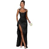 YMeiPaodw Satin Ruffle Prom Dresses Long for Women Spaghetti Straps Mermaid Slit Cocktail Dresses Formal Gowns for Teens
